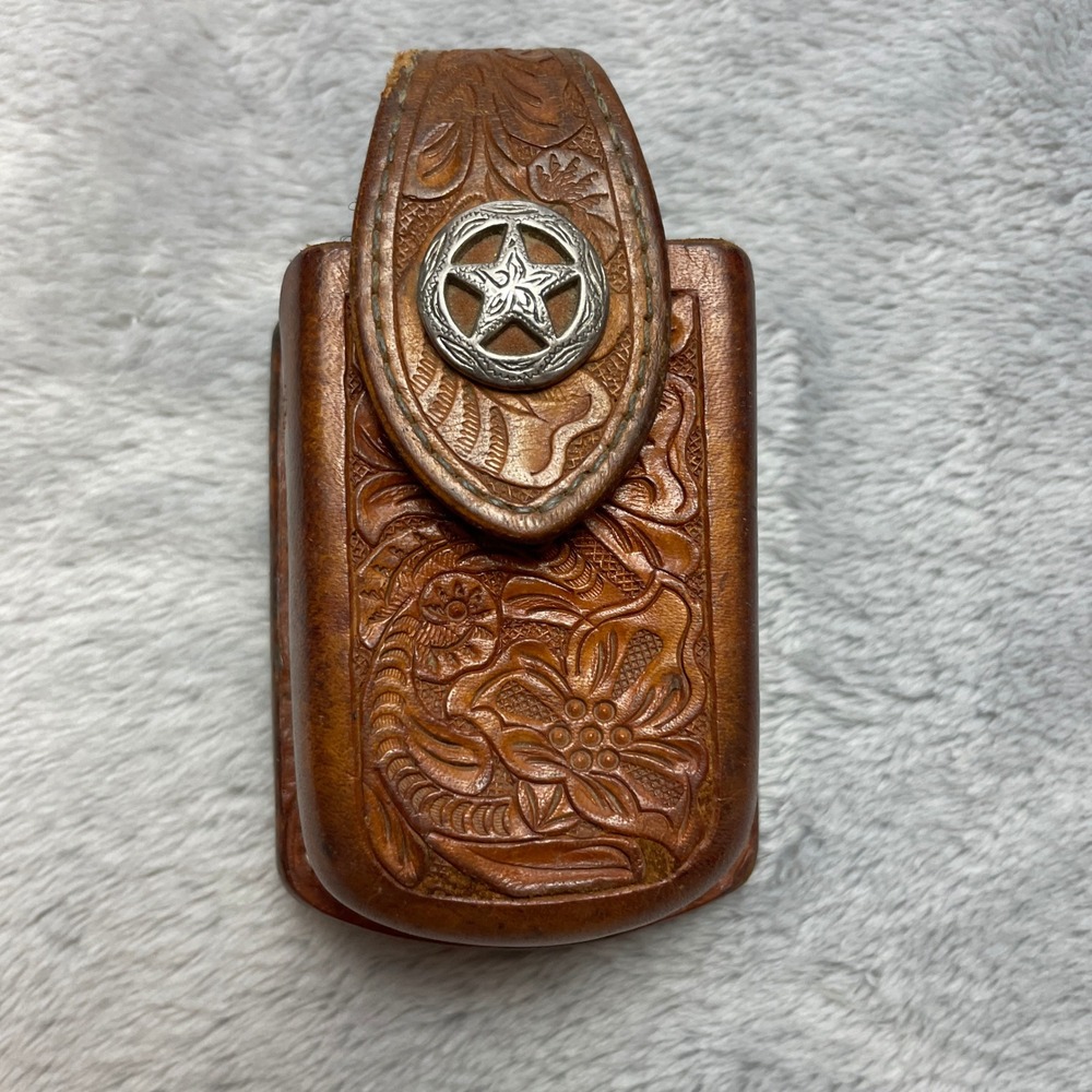 Vtg Handtooled Leather Pouch Lighter Case Brown Western Silver Star Concho Clip